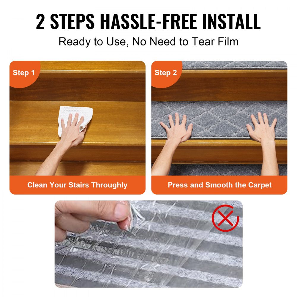 VEVOR Stair Treads, Stairs Carpet Non Slip 9" x 28", Indoor Stair Runner for Wooden Steps, Anti Slip Carpet Soft Edging Stair Rugs Mats for Kids Elders and Dogs, 15 pcs, Gray