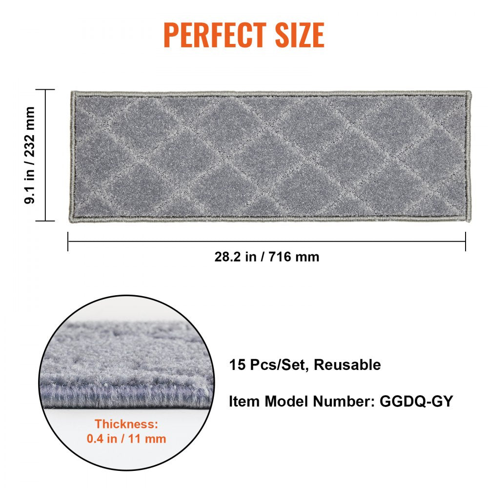 VEVOR Stair Treads, Stairs Carpet Non Slip 9" x 28", Indoor Stair Runner for Wooden Steps, Anti Slip Carpet Soft Edging Stair Rugs Mats for Kids Elders and Dogs, 15 pcs, Gray