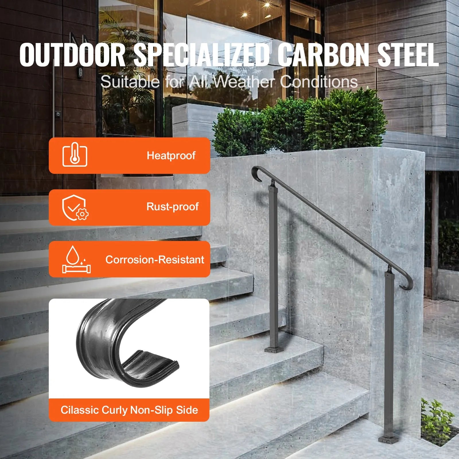 VEVOR Wrought Iron Handrail, Fit 2 or 3 Steps Outdoor Stair Railing, Adjustable Front Porch Hand Rail, Black Transitional Hand railings for Concrete Steps or Wooden Stairs with Installation Kit