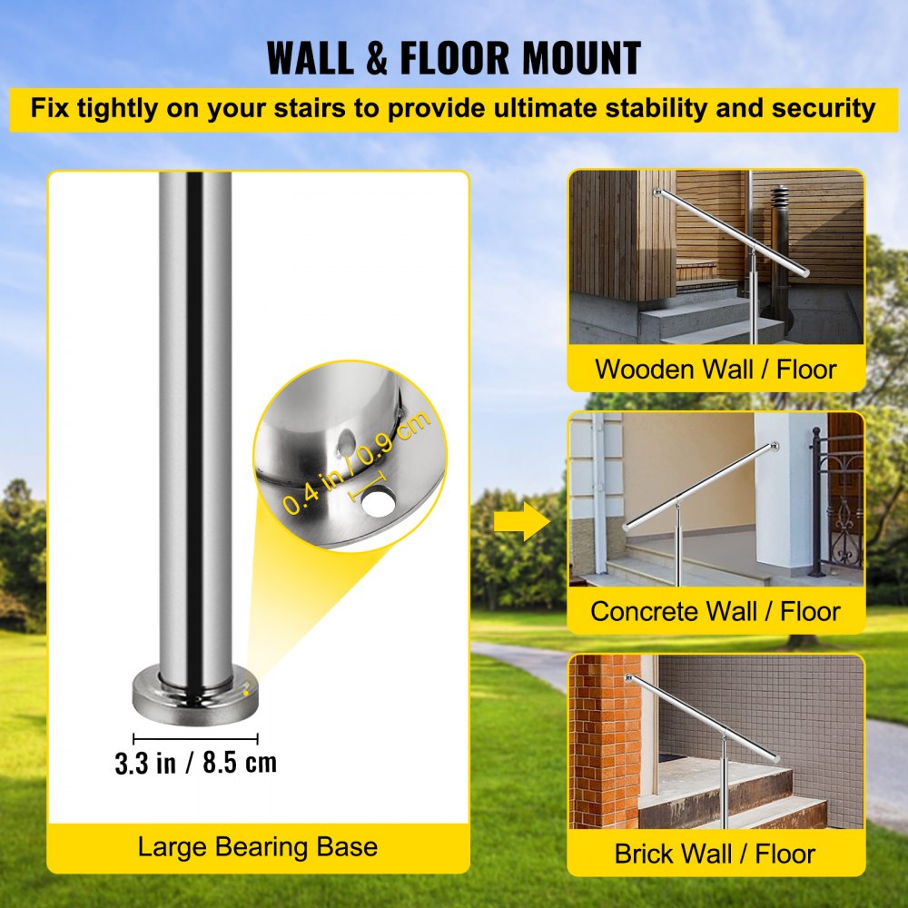 VEVOR Step Handrail 304 Stainless Steel Stair Railing 3-4 Step for Indoor and Outdoor Adjustable Metal Hand Rails for Steps, 59x35.4 Inch, Silver
