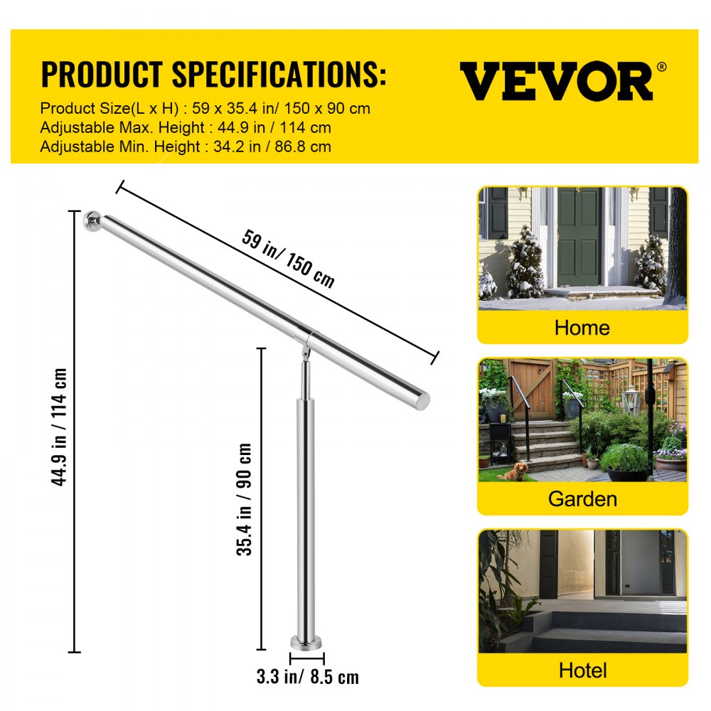 VEVOR Step Handrail 304 Stainless Steel Stair Railing 3-4 Step for Indoor and Outdoor Adjustable Metal Hand Rails for Steps, 59x35.4 Inch, Silver