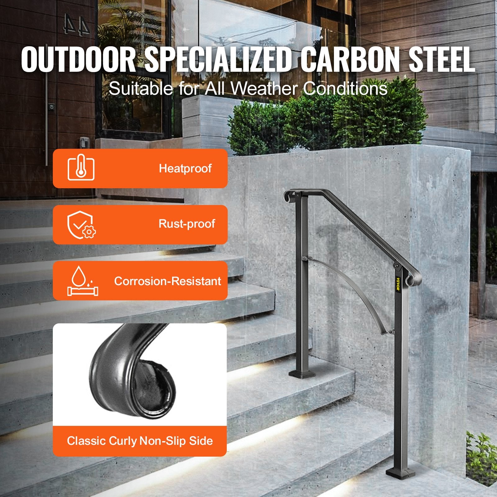VEVOR Handrail Arch #2 Fits 2 or 3 Steps Matte Black Stair Rail Wrought Iron Handrail Black Transitional Hand railings for Concrete Steps or Wooden Stairs with Installation Kit
