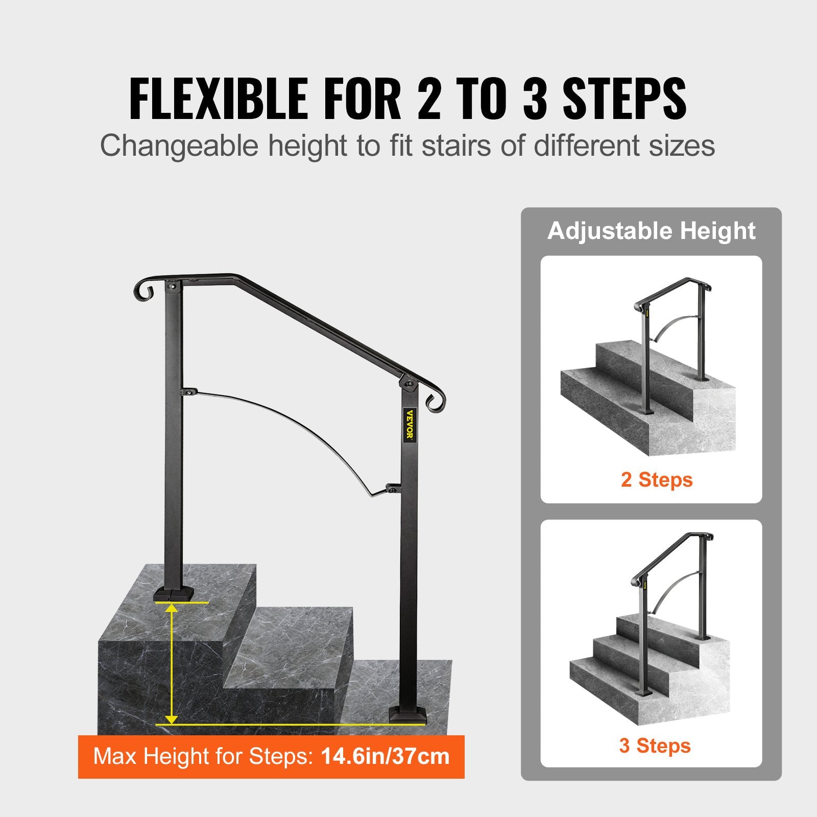 VEVOR Handrail Arch #2 Fits 2 or 3 Steps Matte Black Stair Rail Wrought Iron Handrail Black Transitional Hand railings for Concrete Steps or Wooden Stairs with Installation Kit