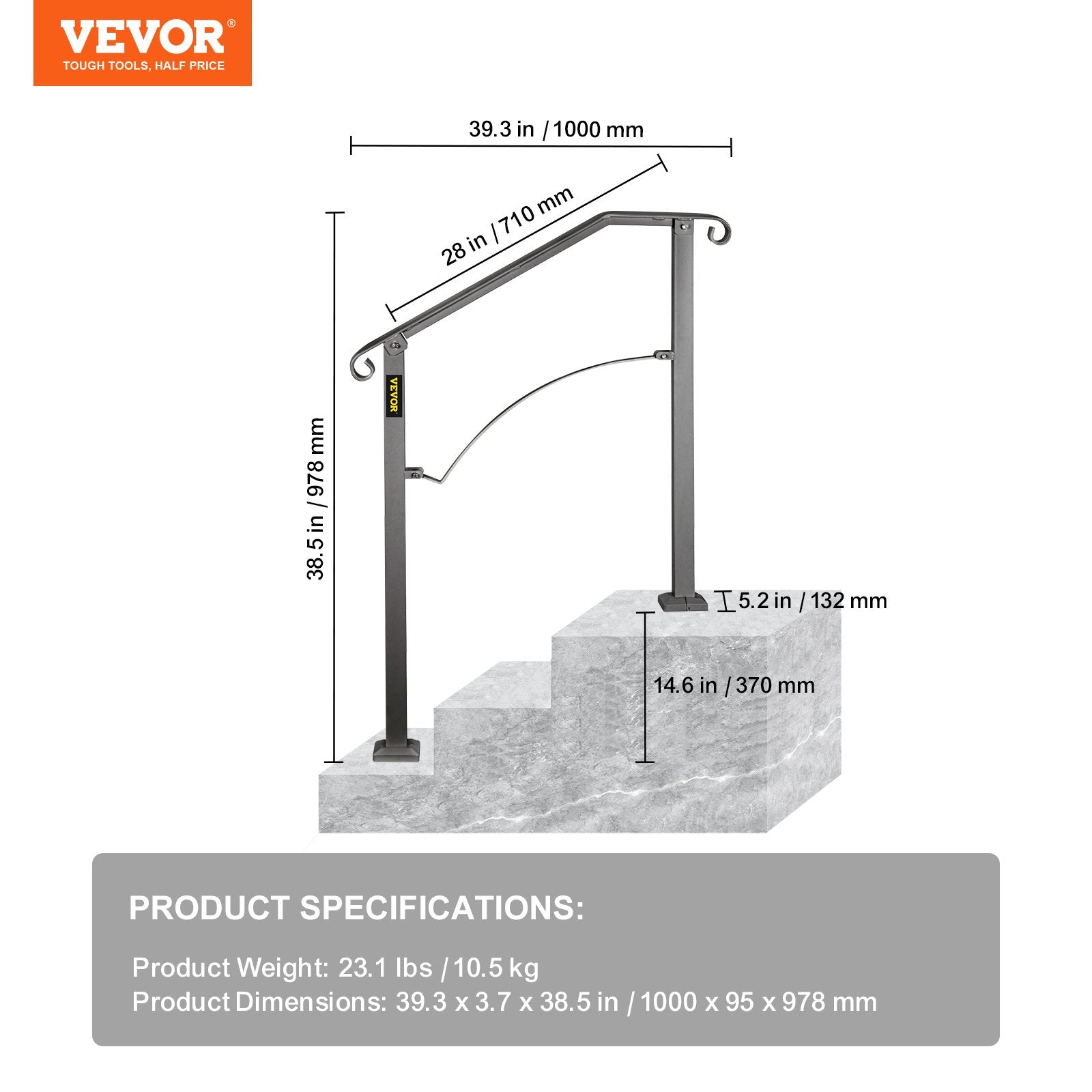 VEVOR Handrail Arch #2 Fits 2 or 3 Steps Matte Black Stair Rail Wrought Iron Handrail Black Transitional Hand railings for Concrete Steps or Wooden Stairs with Installation Kit