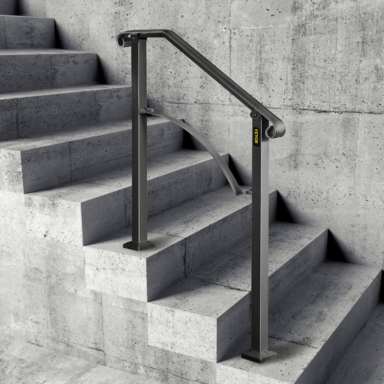 VEVOR Handrail Arch #2 Fits 2 or 3 Steps Matte Black Stair Rail Wrought Iron Handrail Black Transitional Hand railings for Concrete Steps or Wooden Stairs with Installation Kit