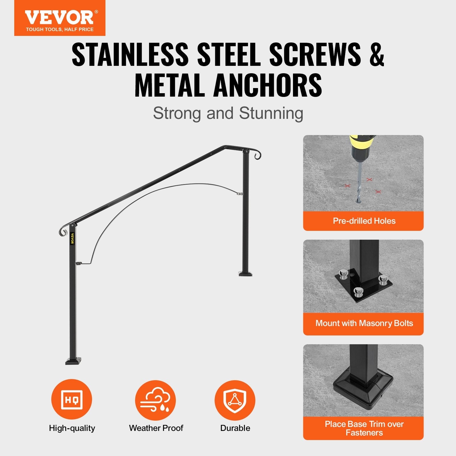 VEVOR Handrails for Outdoor Steps, Fit 3 or 4 Steps Outdoor Stair Railing, Arch#3 Wrought Iron Handrail, Flexible Porch Railing, Black Transitional Handrails for Concrete Steps or Wooden Stairs