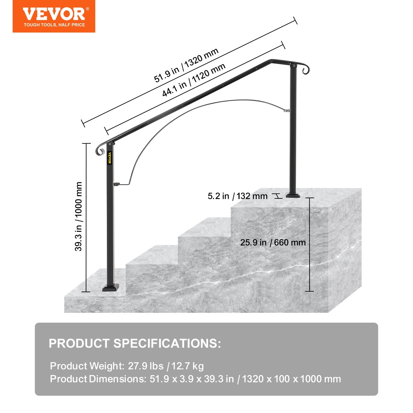 VEVOR Handrails for Outdoor Steps, Fit 3 or 4 Steps Outdoor Stair Railing, Arch#3 Wrought Iron Handrail, Flexible Porch Railing, Black Transitional Handrails for Concrete Steps or Wooden Stairs
