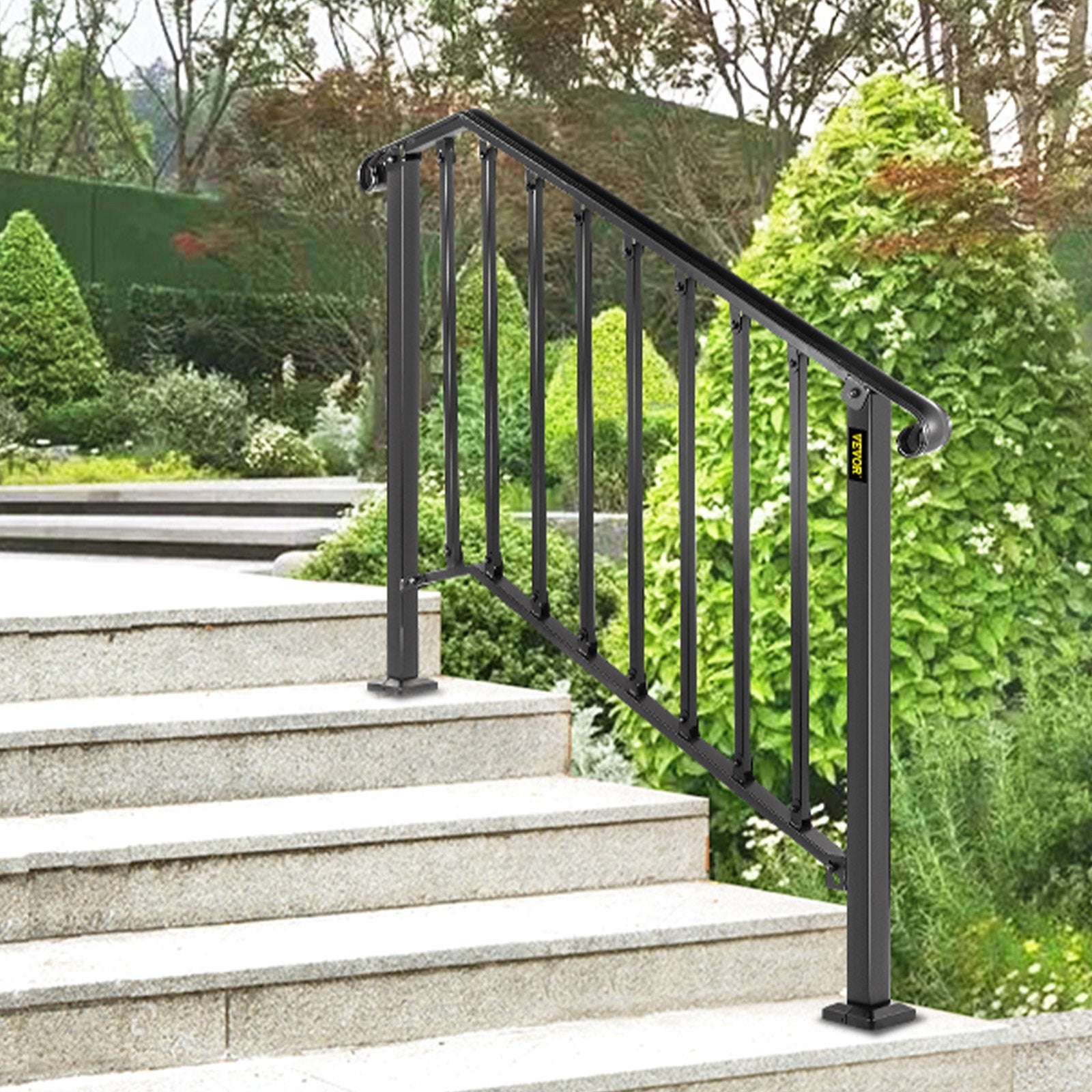 VEVOR Handrails for Outdoor Steps, Fit 3 or 4 Steps Outdoor Stair Railing, Picket#3 Wrought Iron Handrail, Flexible Porch Railing, Black Transitional Handrails for Concrete Steps or Wooden Stairs