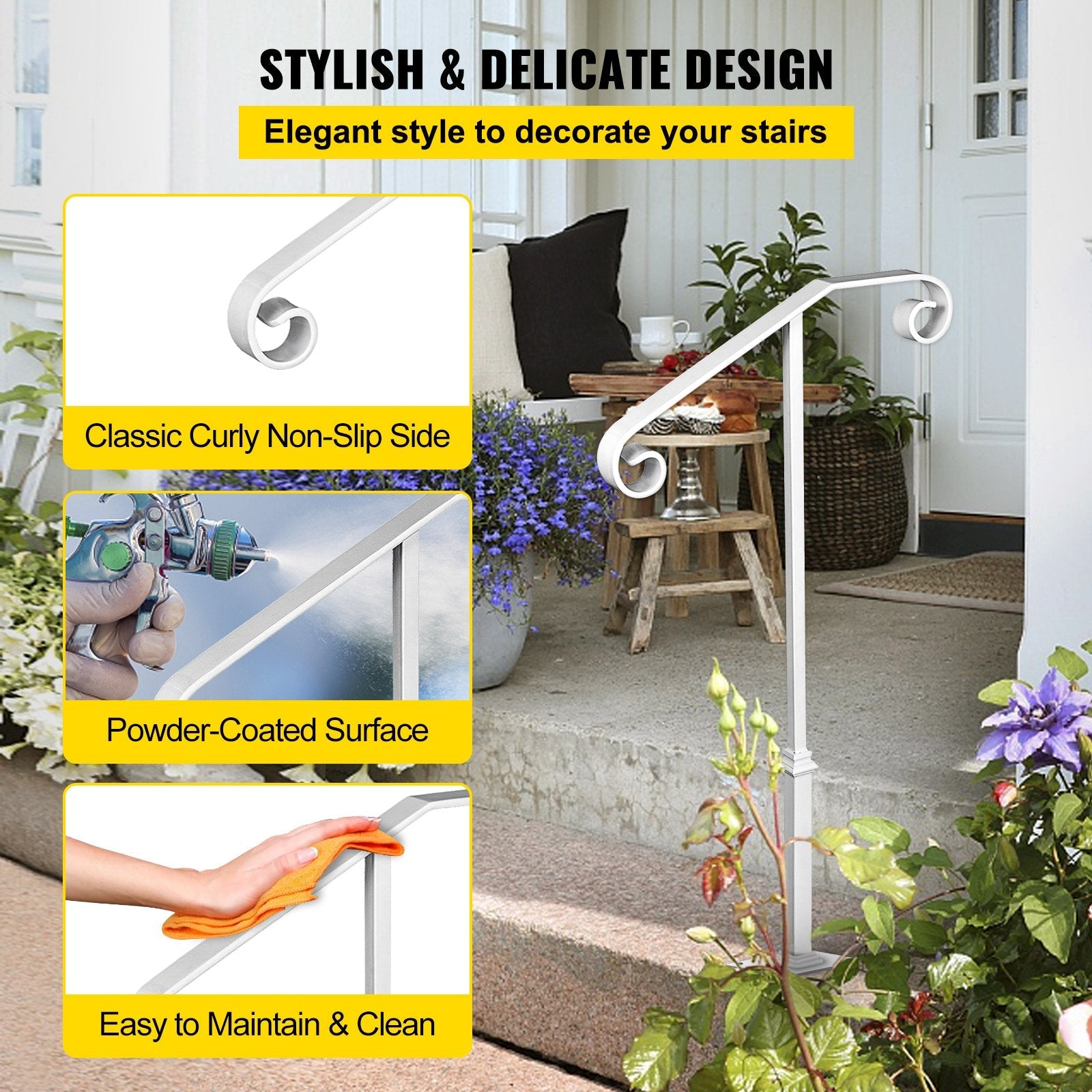 Single Post Handrail Handrail Wrought Iron Fits 1 or 2 Steps Matte White