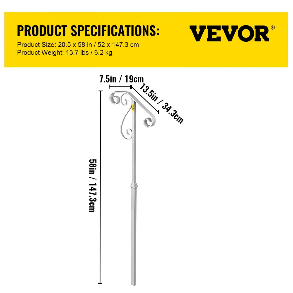VEVOR Handrails for Outdoor Steps, Fit 1 or 2 Steps Outdoor Stair Railing, Single Post Wrought Iron Handrail Flower Design, White Porch Railings for Concrete Steps or Wooden Stairs Without Base