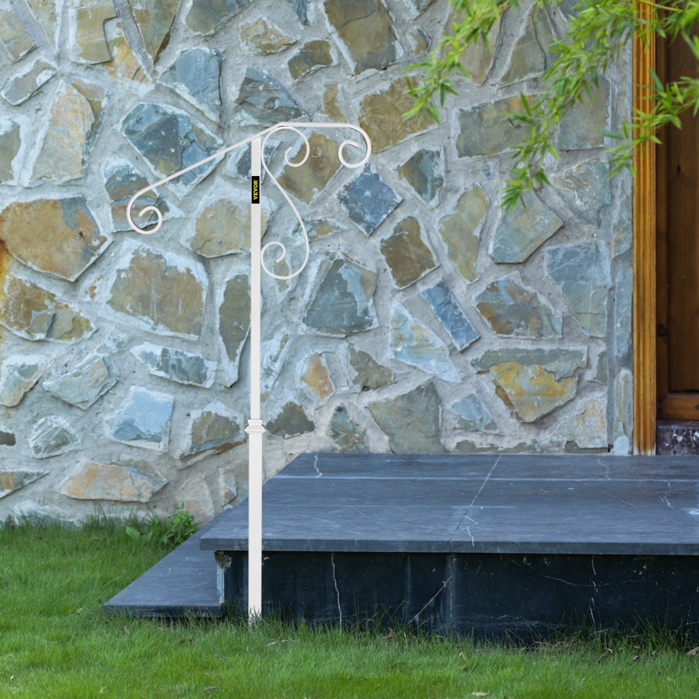 VEVOR Handrails for Outdoor Steps, Fit 1 or 2 Steps Outdoor Stair Railing, Single Post Wrought Iron Handrail Flower Design, White Porch Railings for Concrete Steps or Wooden Stairs Without Base