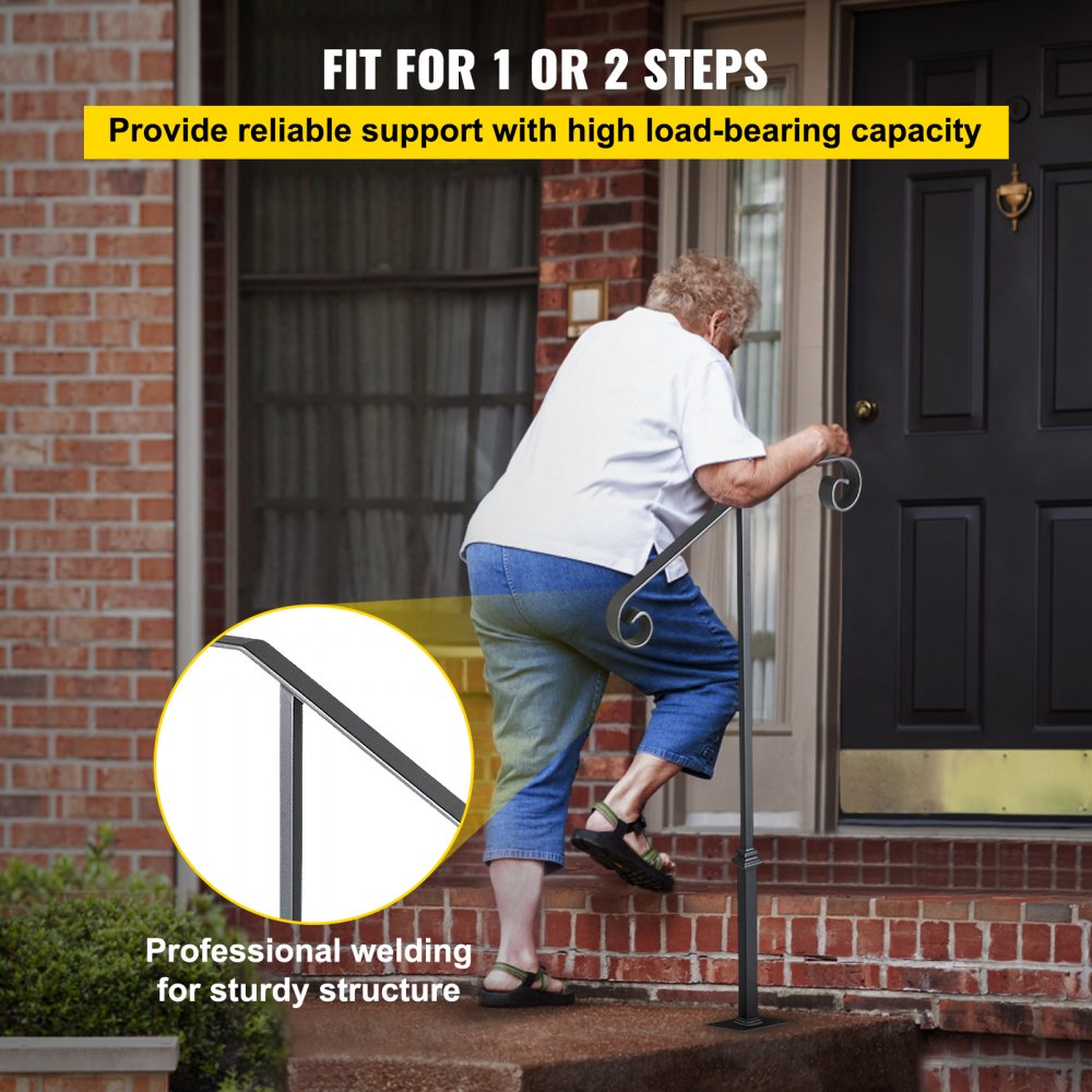 VEVOR Handrails for Outdoor Steps, Fit 1 or 2 Steps Outdoor Stair Railing, Single Post Wrought Iron Handrail, Gray Transitional Porch Railings for Concrete Steps or Wooden Stairs with Base