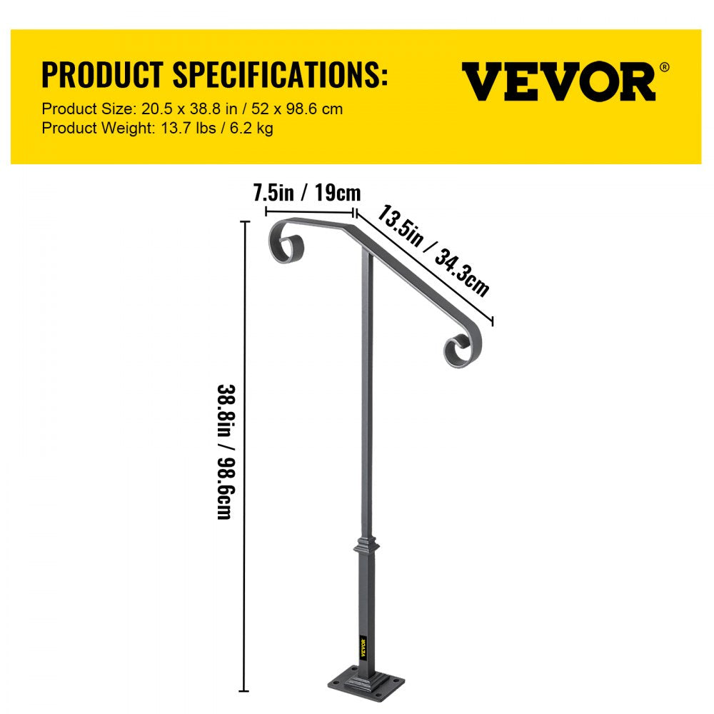VEVOR Handrails for Outdoor Steps, Fit 1 or 2 Steps Outdoor Stair Railing, Single Post Wrought Iron Handrail, Gray Transitional Porch Railings for Concrete Steps or Wooden Stairs with Base