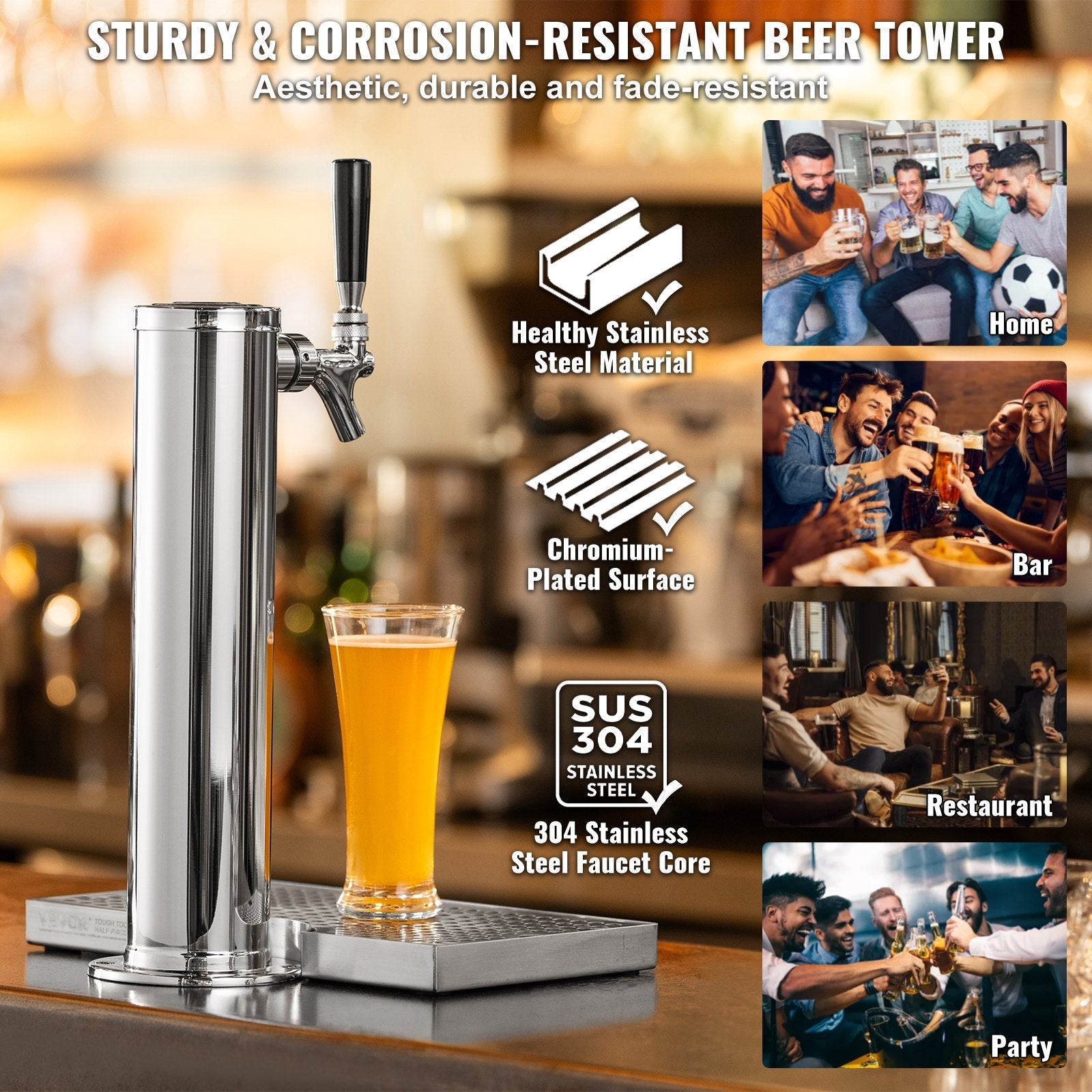 VEVOR Kegerator Tower Kit, Single Tap Beer Conversion Kit, Stainless Steel Keg Beer Tower Dispenser with Dual Gauge CGA320 Regulator & D-System Keg Coupler, Beer Drip Tray for Party Home