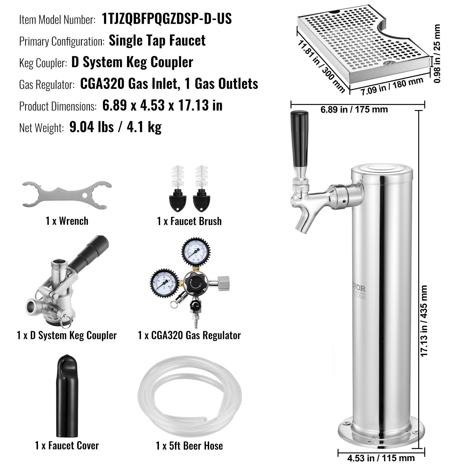 VEVOR Kegerator Tower Kit, Single Tap Beer Conversion Kit, Stainless Steel Keg Beer Tower Dispenser with Dual Gauge CGA320 Regulator & D-System Keg Coupler, Beer Drip Tray for Party Home