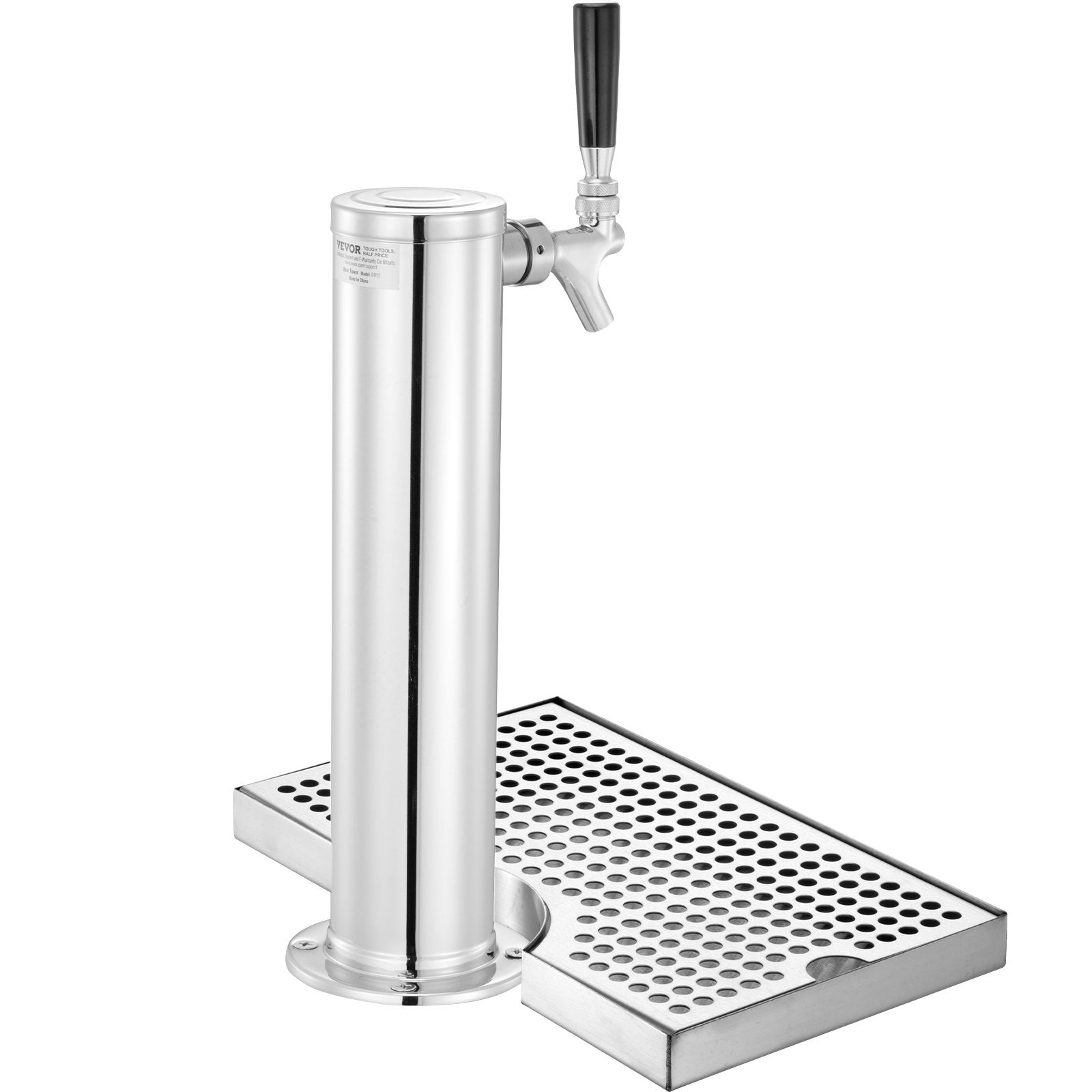 VEVOR Kegerator Tower Kit, Single Tap Beer Conversion Kit, Stainless Steel Keg Beer Tower Dispenser with Dual Gauge CGA320 Regulator & D-System Keg Coupler, Beer Drip Tray for Party Home