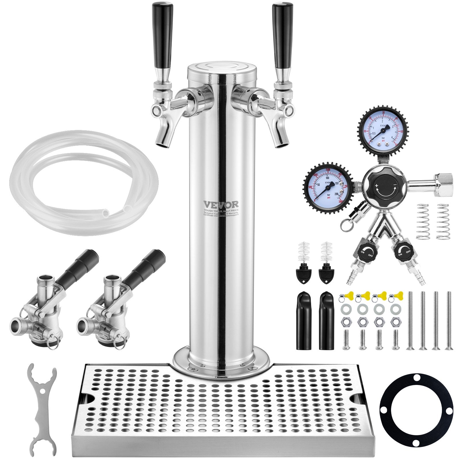 VEVOR Kegerator Tower Kit, Dual Taps Beer Conversion Kit, Stainless Steel Keg Beer Tower Dispenser with Dual Gauge CGA320 Regulator & D-System Keg Coupler, Beer Drip Tray for Party Home
