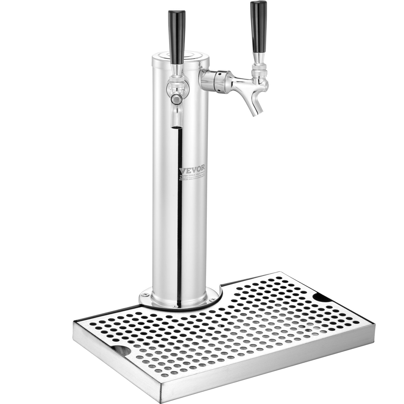 VEVOR Kegerator Tower Kit, Dual Taps Beer Conversion Kit, Stainless Steel Keg Beer Tower Dispenser with Dual Gauge CGA320 Regulator & D-System Keg Coupler, Beer Drip Tray for Party Home