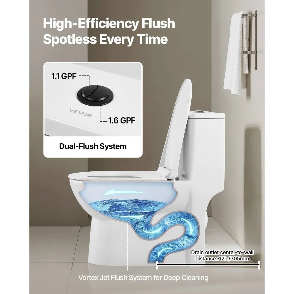 One-Piece Elongated Toilet with Dual Flush 1.1/1.6 GPF, 12" Rough-In & Soft-Close Seat – Black & White