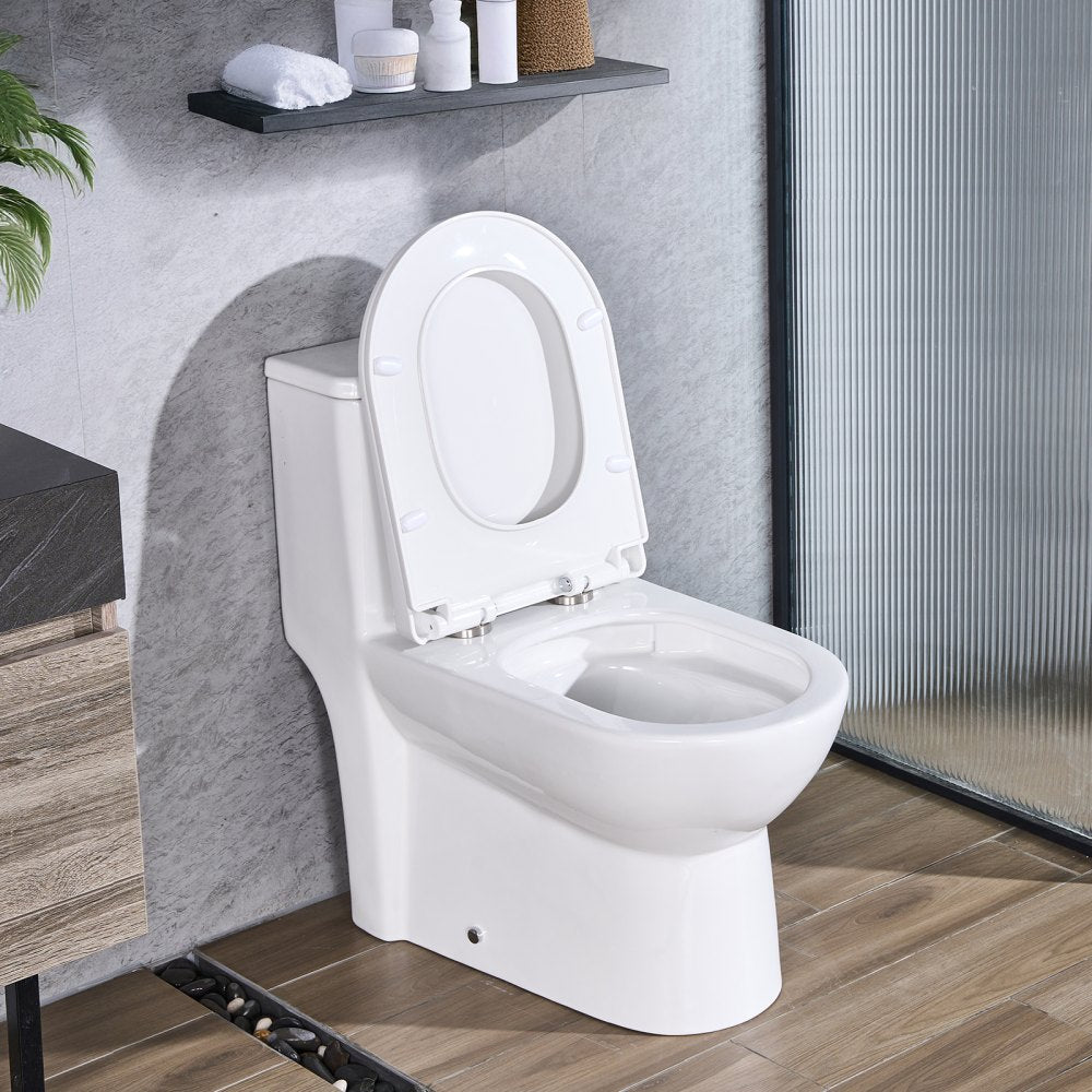 One-Piece Elongated Toilet with Dual Flush 1.1/1.6 GPF, 12" Rough-In & Soft-Close Seat – Black & White