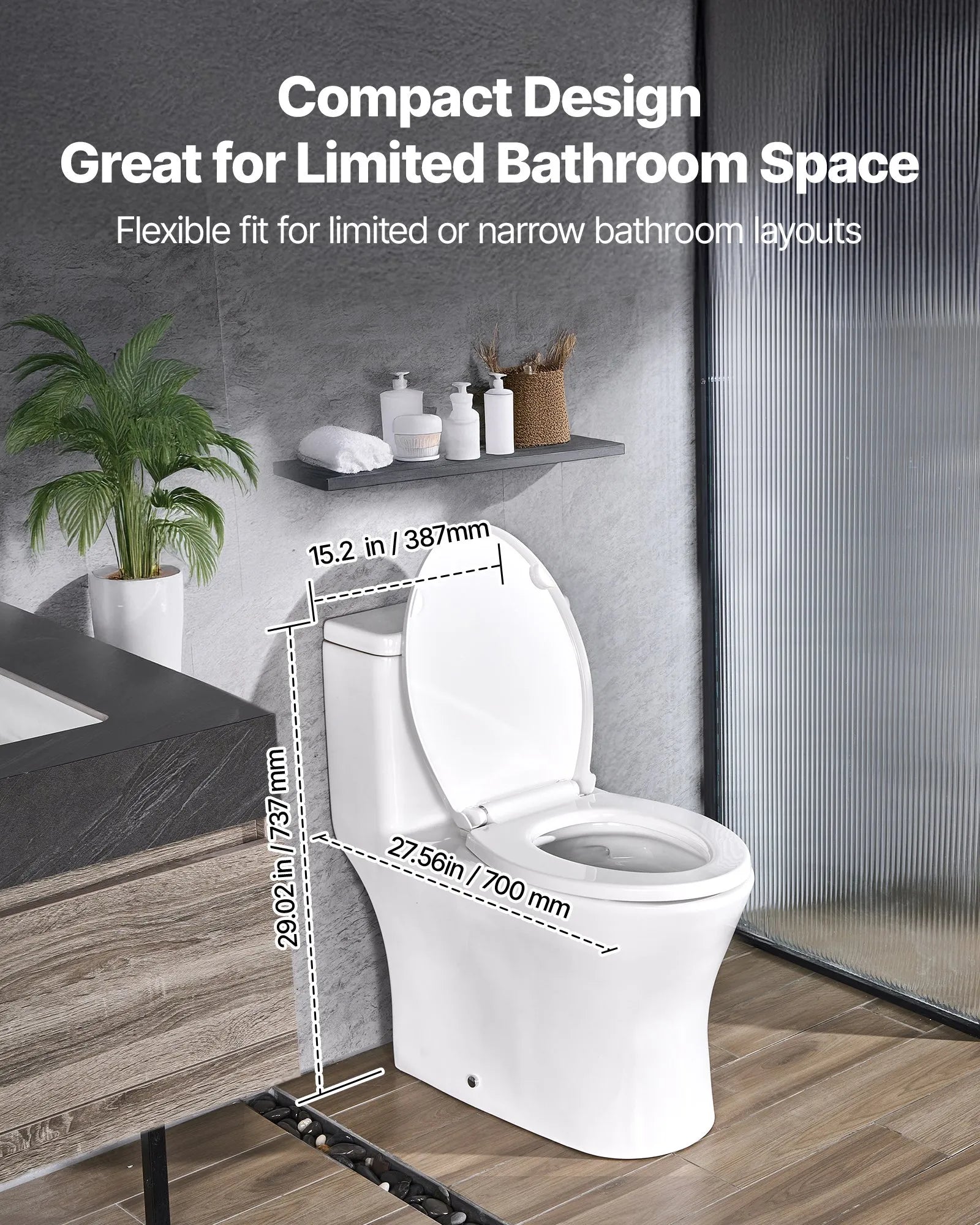 VEVOR One-Piece Toilet, Elongated Toilet Vortex Dual-Flush 1.0/1.28 GPF, Toilets for Bathroom with Comfortable Chair Seat, Standard Height, Easy-Clean Skirted Design, 12 inch Rough-In, White + Black