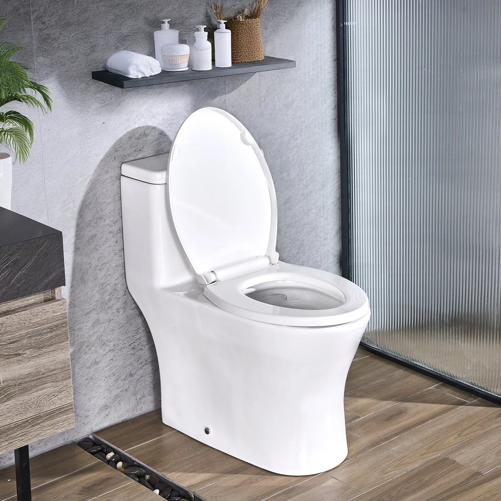 VEVOR One-Piece Toilet, Elongated Toilet Vortex Dual-Flush 1.0/1.28 GPF, Toilets for Bathroom with Comfortable Chair Seat, Standard Height, Easy-Clean Skirted Design, 12 inch Rough-In, White + Black