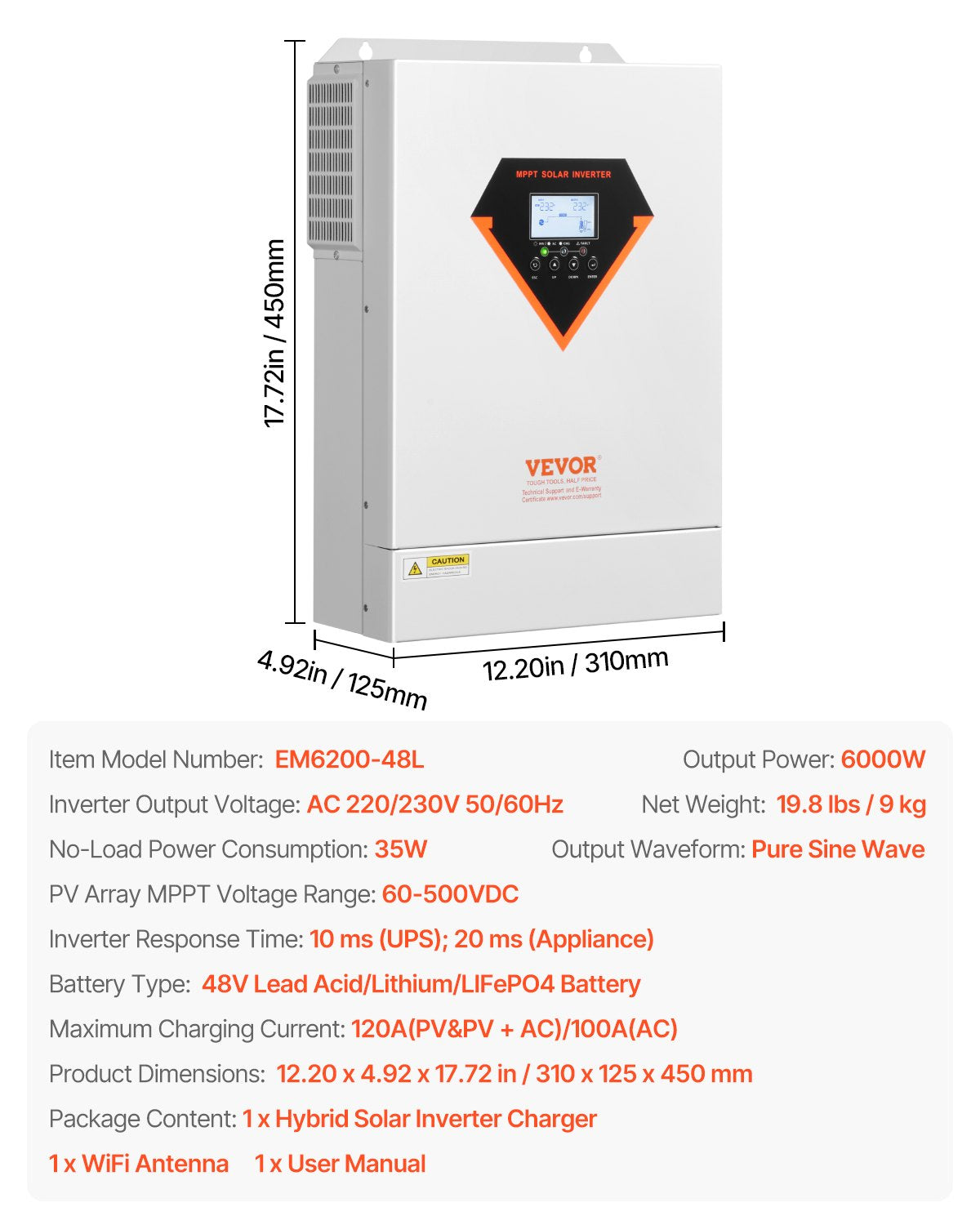 VEVOR Hybrid Solar Inverter Charger 6000W 220/230V Built-in 120A MPPT Controller