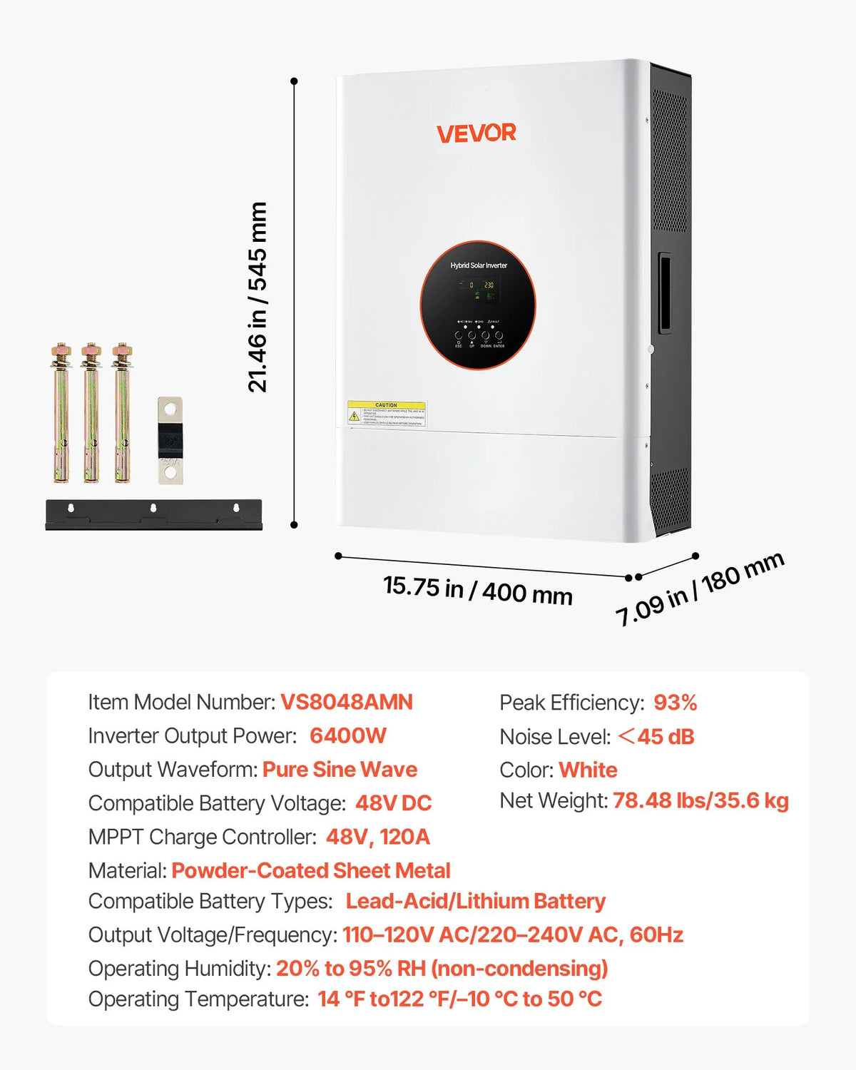 6400W 48V Hybrid Solar Inverter, 120V/240V Split Phase with 120A MPPT Charge Controller, Pure Sine Wave Inverter Charger