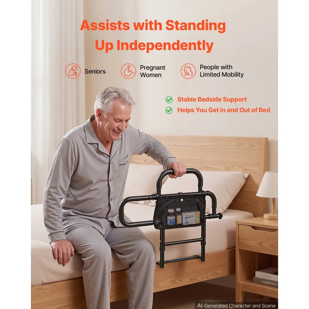 Foldable Bed Rail & Bedside Assist Support Rail for Seniors – Adjustable Dual-Handle, 300 lbs