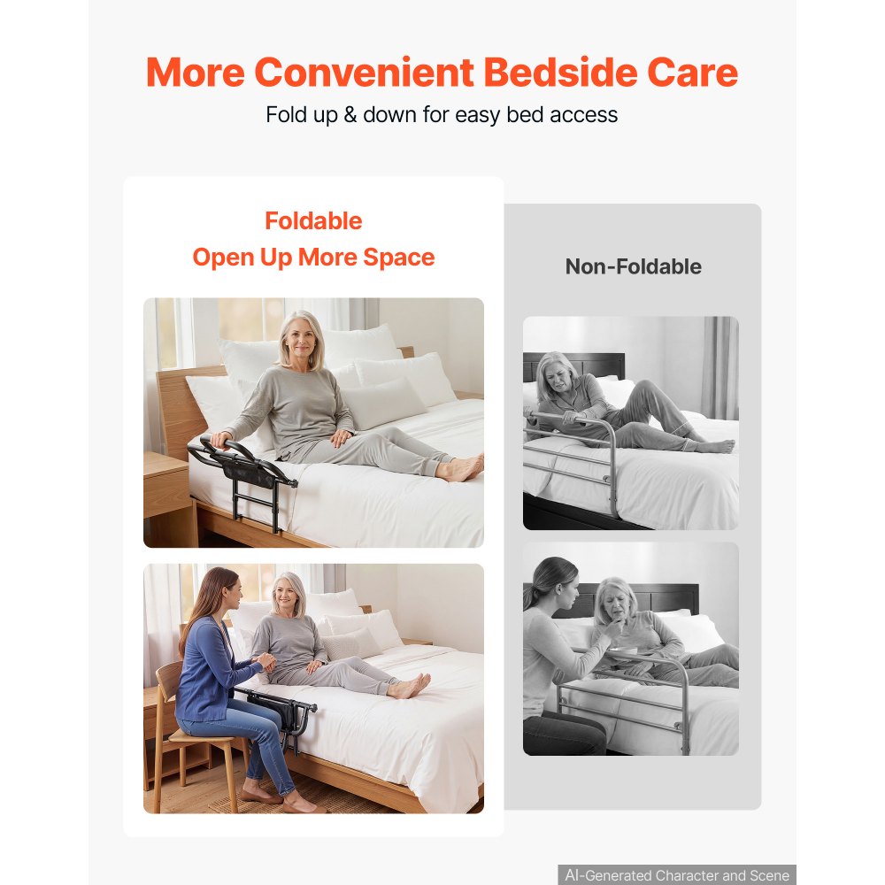 Foldable Bed Rail & Bedside Assist Support Rail for Seniors – Adjustable Dual-Handle, 300 lbs