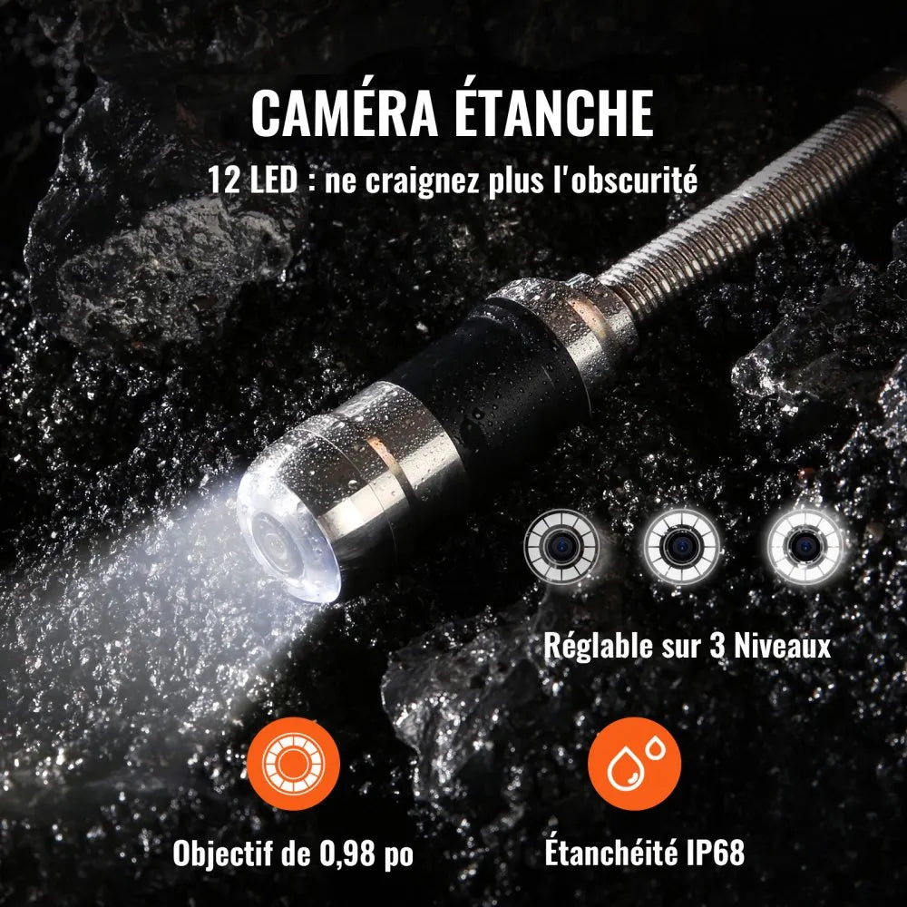 VEVOR Sewer Camera, 100 ft/30 m, 7" Screen Pipeline Inspection Camera with DVR Function, Waterproof IP68 Camera, 12 pcs Adjustable LEDs, with a 16 GB SD Card for Sewer Line, Duct Drain Pipe Plumbing