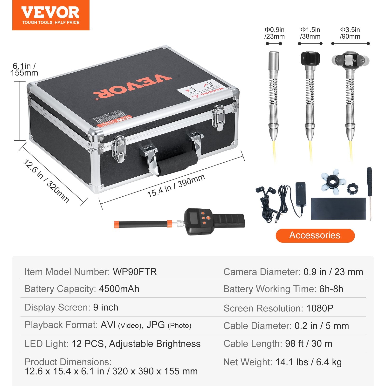 VEVOR Sewer Camera 98 ft Self-Leveling Duct Camera with 512Hz Locator 36X Zoom