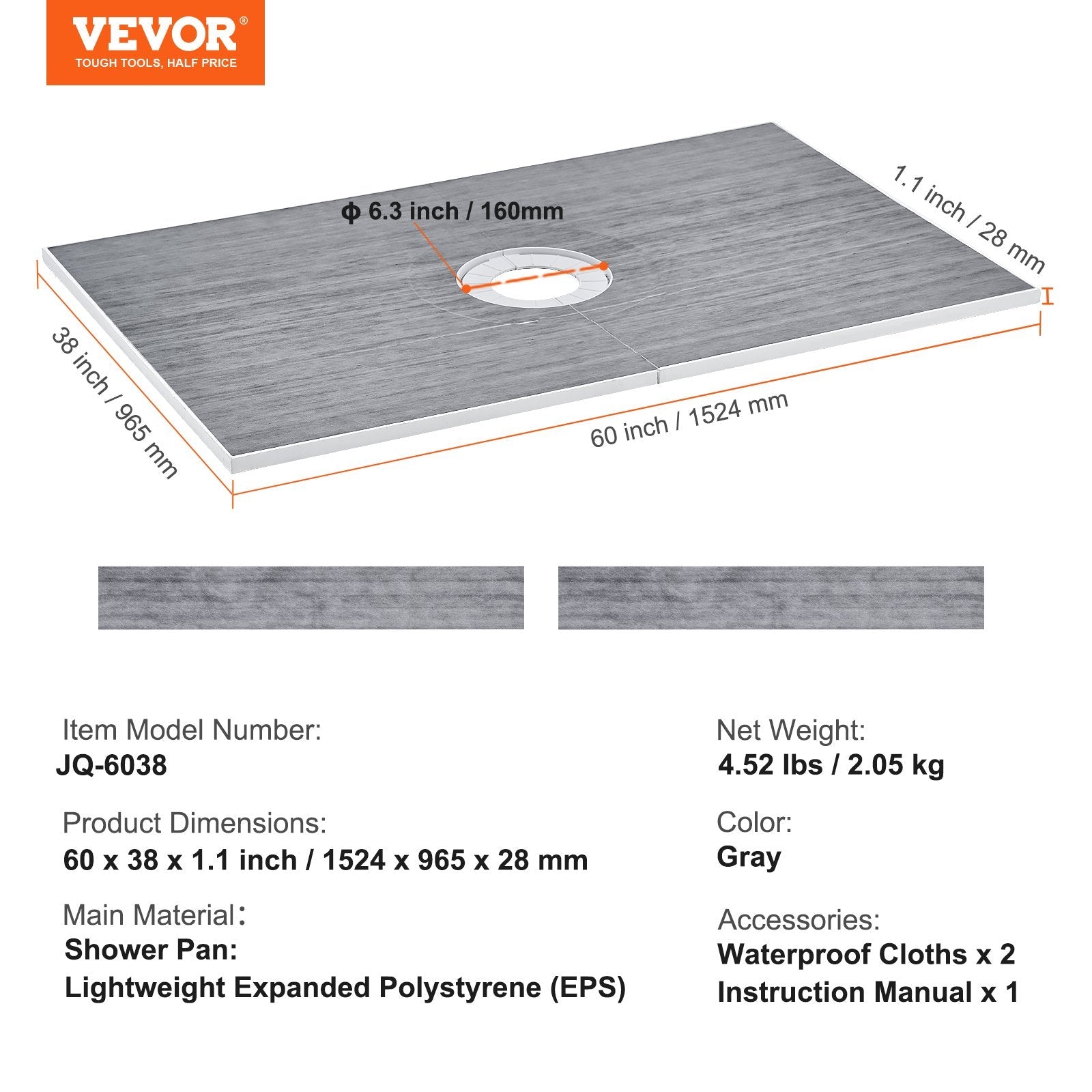 VEVOR Shower Curb Kit, 60"x38" Shower Pan Kit with 6.3" Central Drain, Lightweight EPS Shower Installation Kits with 2 Waterproof Cloths, Shower Pan Slope Sticks Fit for Bathroom