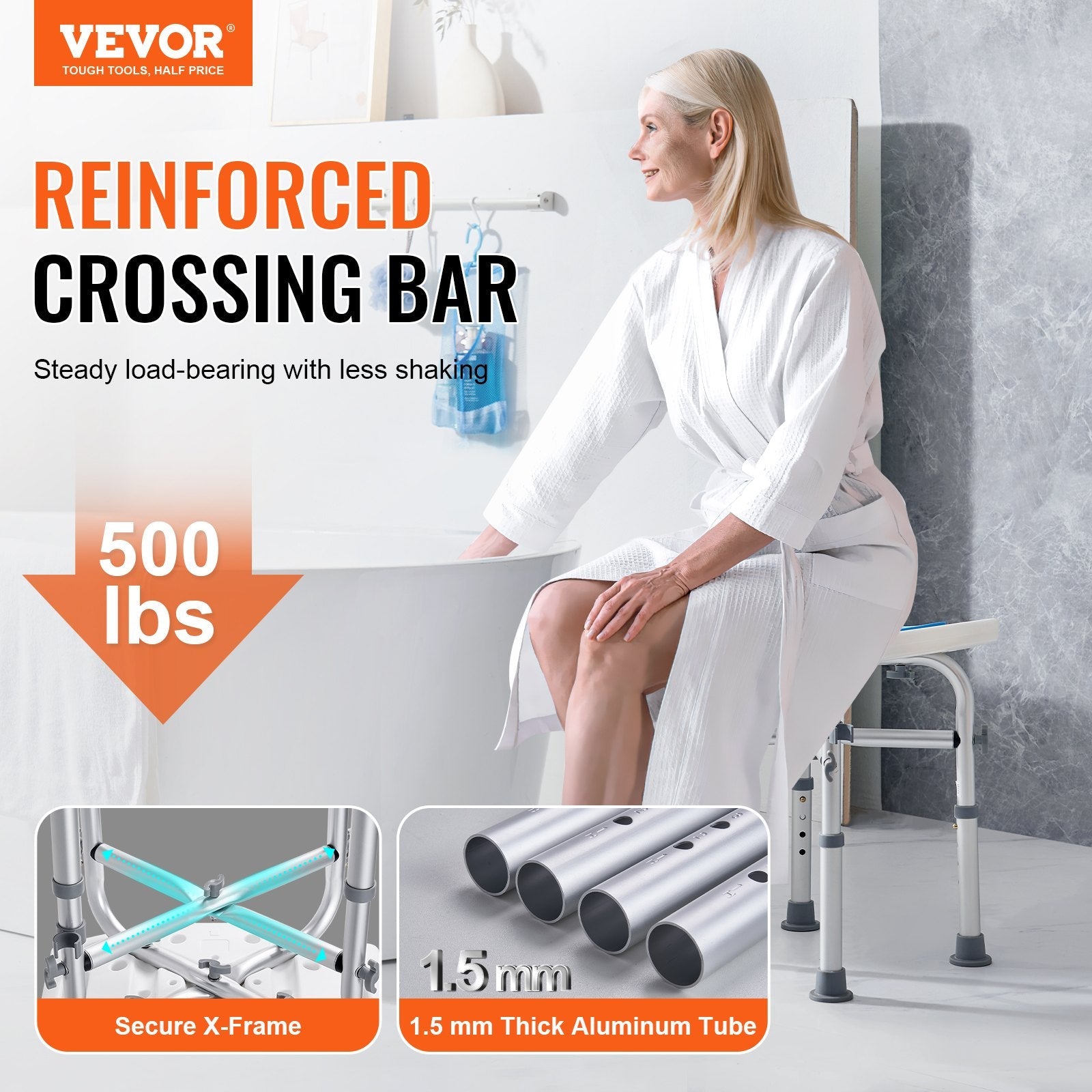 VEVOR Shower Chair, Adjustable Height Shower Stool with Crossbar Support, Shower Seat for Inside Shower or Tub, Non-Slip Bench Bathtub Stool Seat for Elderly Disabled Handicap, 500 lbs Capacity