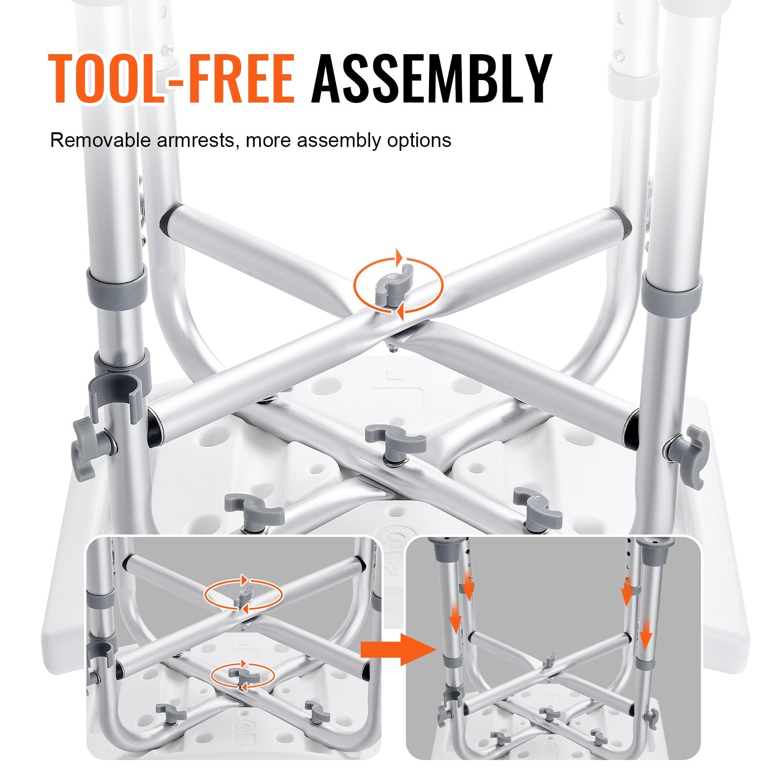 VEVOR Shower Chair, Adjustable Height Shower Stool with Crossbar Support, Shower Seat for Inside Shower or Tub, Non-Slip Bench Bathtub Stool Seat for Elderly Disabled Handicap, 500 lbs Capacity