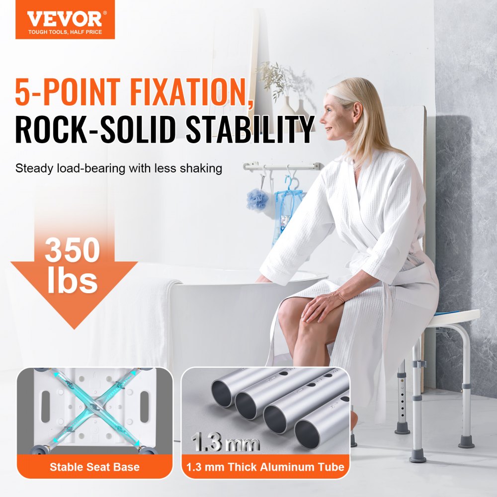 VEVOR Shower Chair, Adjustable Height Shower Stool, Shower Seat for Inside Shower or Tub, Non-Slip Bench Bathtub Stool Seat for Elderly Disabled Handicap, 350 LBS Capacity