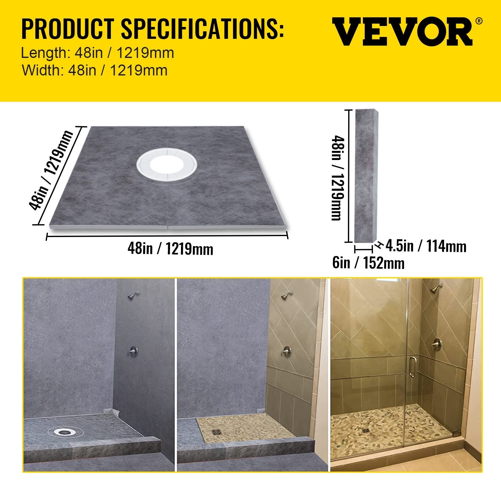 VEVOR 48''x48'' Waterproofing Shower Kit Shower Kit Tray with Central Drain ABS