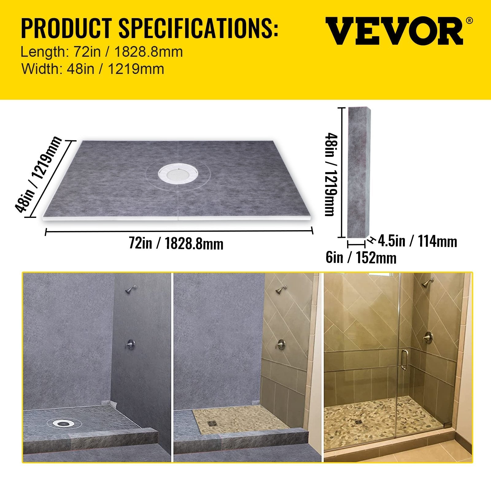 VEVOR Shower Curb Kit, 48\"x72\" Watertight Shower Curb Overlay with 4\" ABS Central Bonding Flange, 4\" Stainless Steel Grate, 2 Cuttable Shower Curb and Trowel, Shower Pan Slope Sticks Fit for Bathr