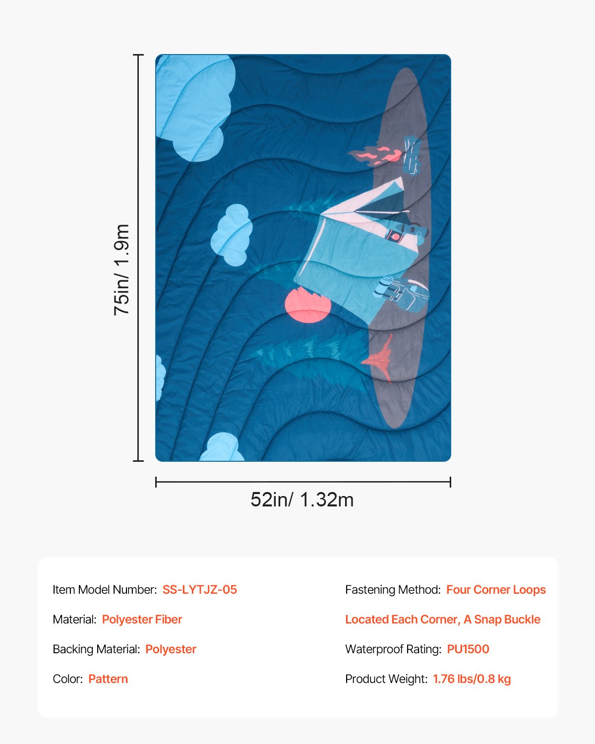 VEVOR Camping Blanket 75" x 52" Wearable Warm Stadium Blanket Outdoor Printed