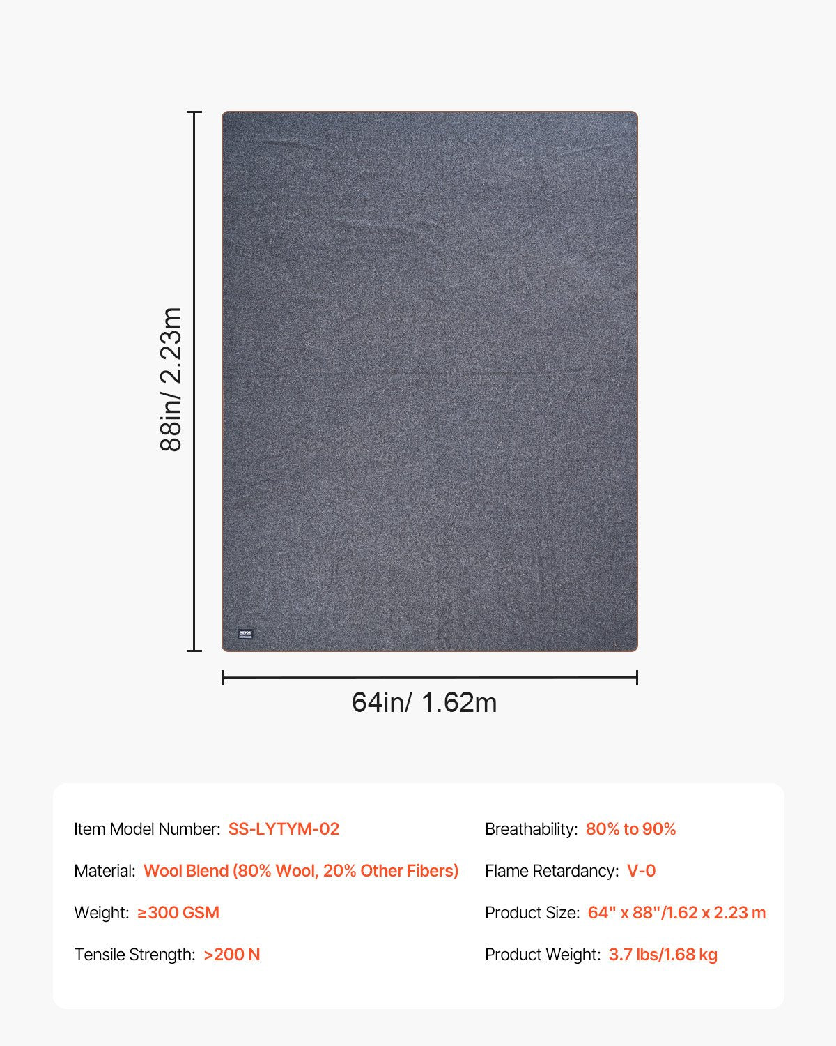 VEVOR Wool Camping Blanket 64" x 88" Warm for Camping Hiking Travel Light Grey