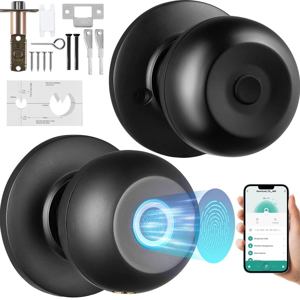 VEVOR Smart Door Knob, Fingerprint Smart Lock with APP Control, Biometric Door Lock Bluetooth Smart Lock, Easy Installation Door Lock, for Home Bedrooms, Cloakroom, Hotels, Apartments Offices, Black