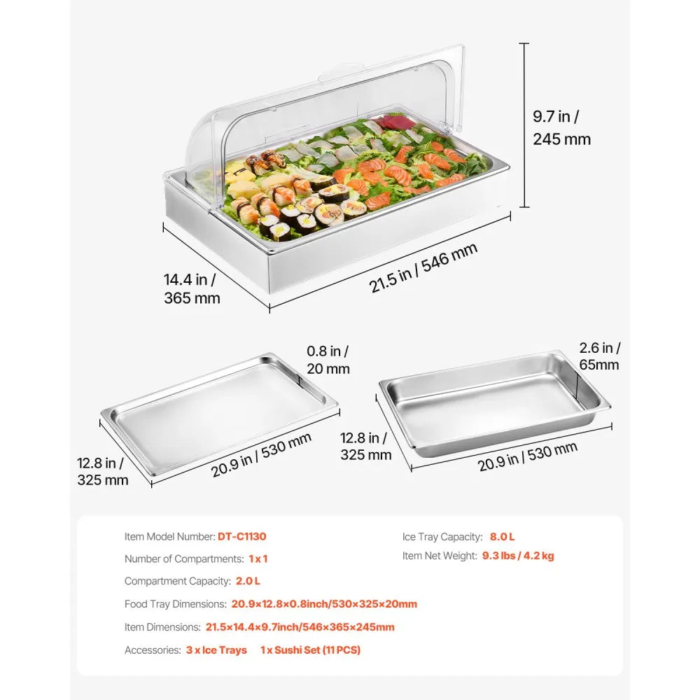 VEVOR Countertop Food Serving Display Container, 1 x 1 Pan Stainless Steel Food Serving Tray, Buffet Condiment Dispenser Display Rack with Clear Lid & 3 Ice Trays, for Restaurant Hotel Kitchen Party