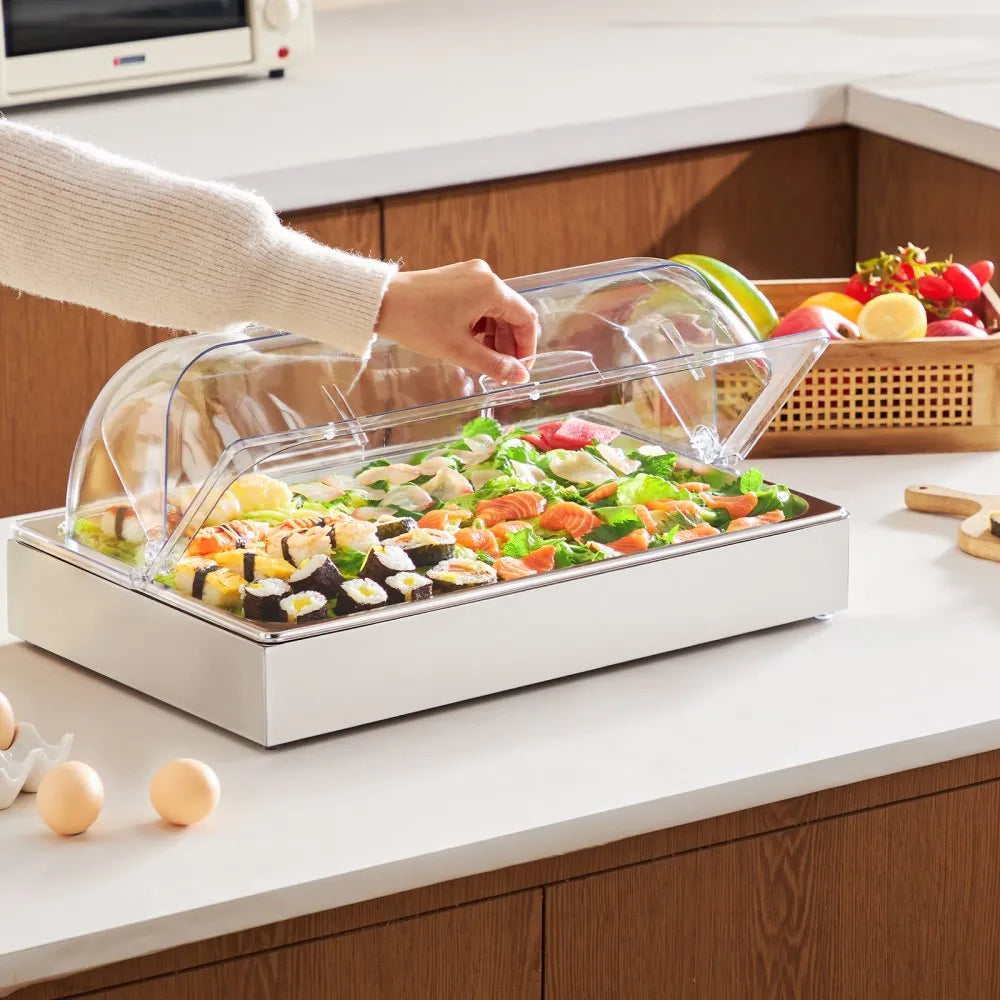 VEVOR Countertop Food Serving Display Container, 1 x 1 Pan Stainless Steel Food Serving Tray, Buffet Condiment Dispenser Display Rack with Clear Lid & 3 Ice Trays, for Restaurant Hotel Kitchen Party
