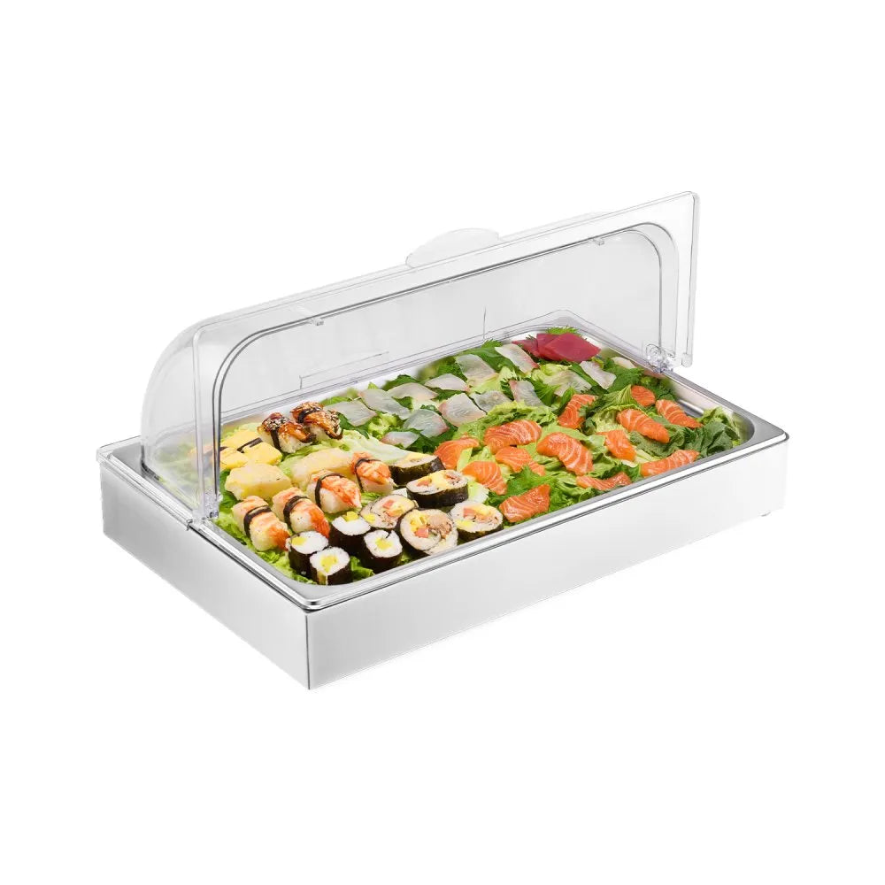 VEVOR Countertop Food Serving Display Container, 1 x 1 Pan Stainless Steel Food Serving Tray, Buffet Condiment Dispenser Display Rack with Clear Lid & 3 Ice Trays, for Restaurant Hotel Kitchen Party