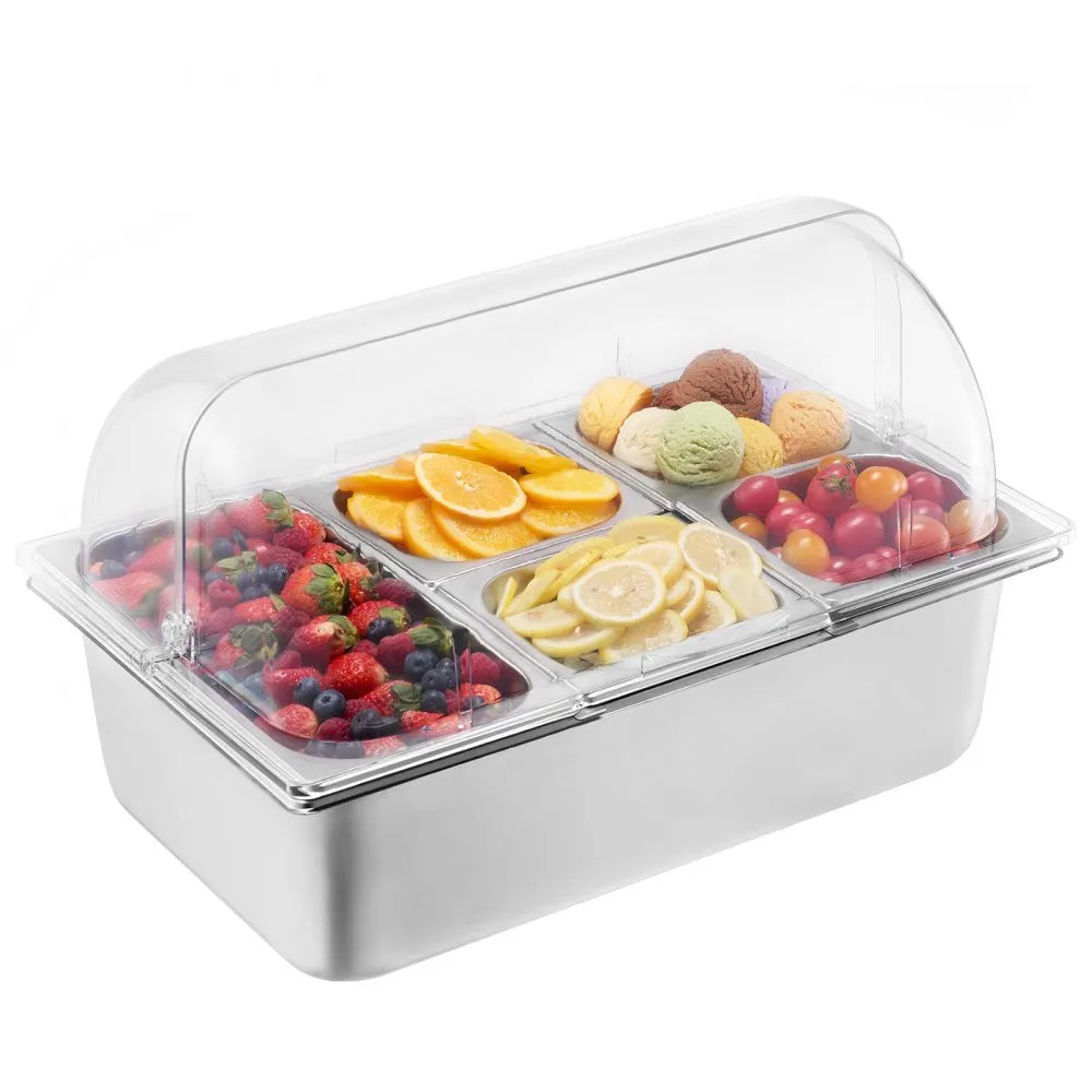 VEVOR Countertop Food Serving Display Container, 5 Pan Stainless Steel Food Serving Tray, Buffet Condiment Dispenser Display Rack with Clear Lid & 3 Freezer Boxes, for Restaurant Hotel Kitchen Party