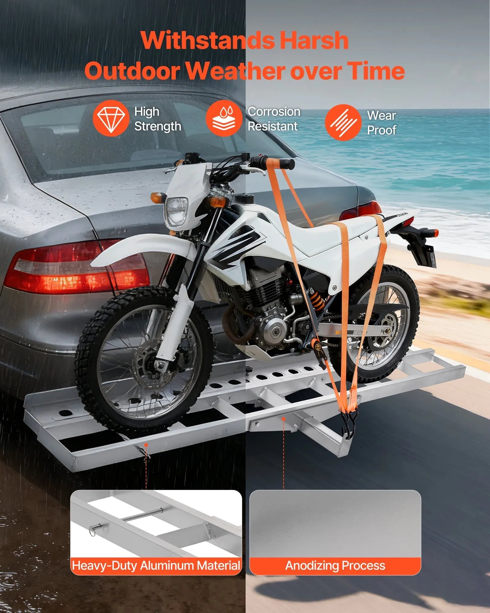 VEVOR Motorcycle Carrier, 400 lbs Capacity, Heavy Duty Aluminum Hitch Mount Rack with 73in Loading Ramp, Straps & Stabilizer, Scooter Dirt Bike Trailer Hauler for Car Truck with 2-Inch Hitch Receiver