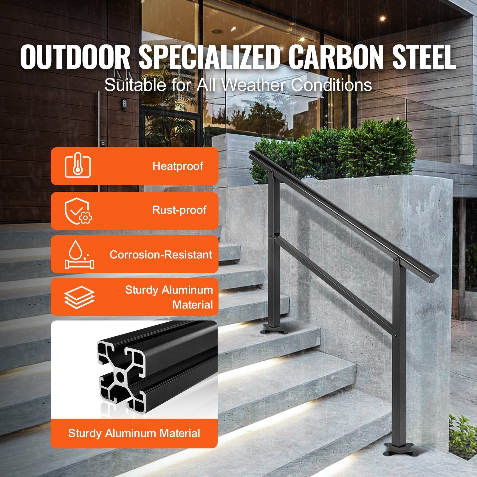 Handrail Outdoor Stairs, Outdoor Handrail 48 x 35.5 Inch Black Fits 1/2/3 Steps