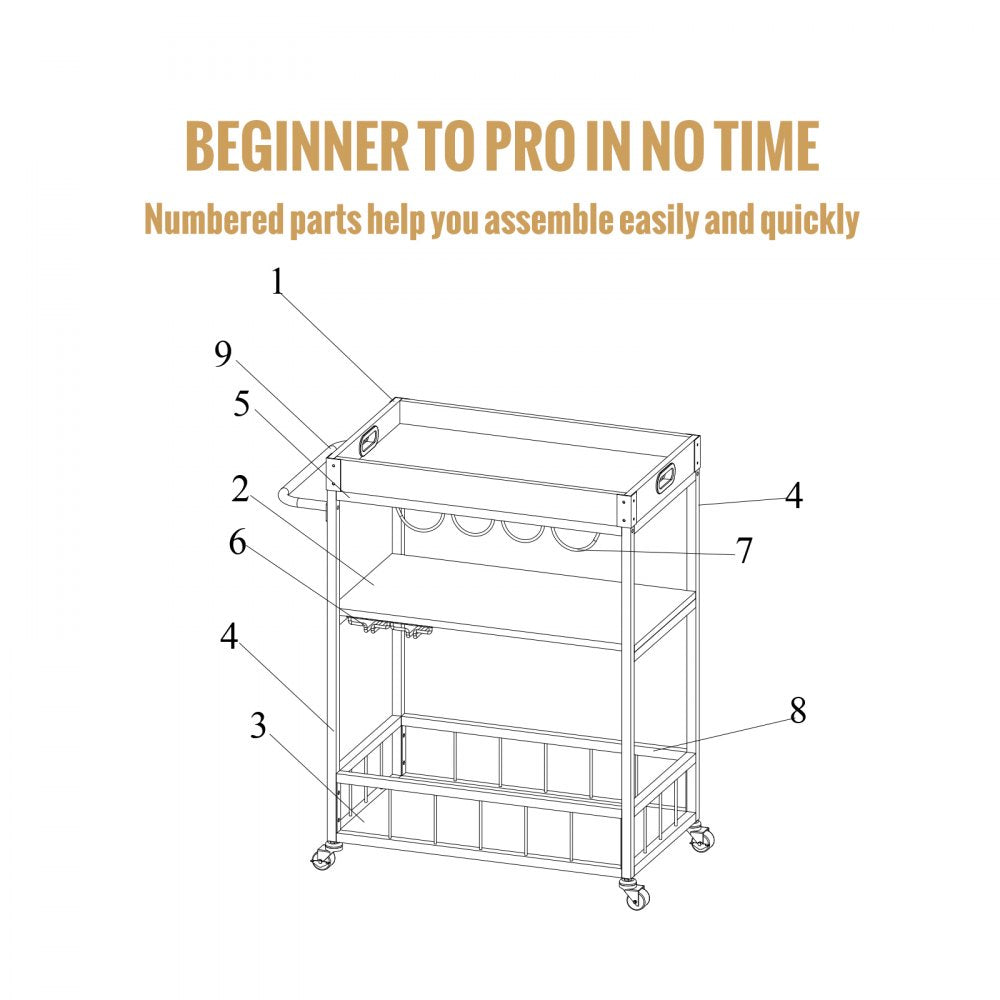 VEVOR 3-Tier Bar Serving Cart Rolling Trolley with Wine Grid Glass Holder 110LBS