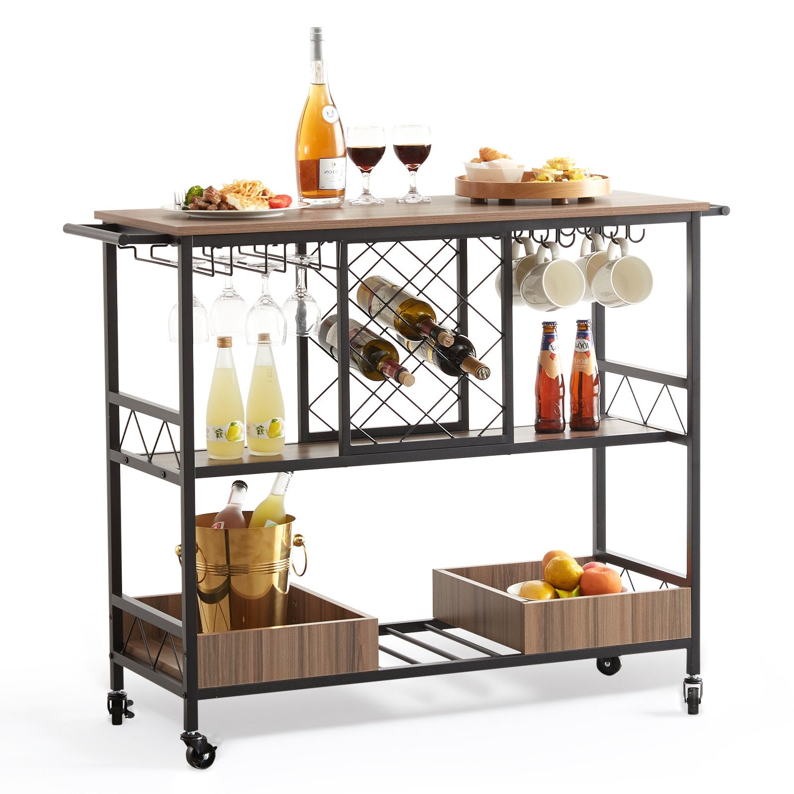 VEVOR Bar Cart, Home Serving Cart, 3 Tiers 300 LBS Industrial Rolling Beverage Station on Lockable Wheels, Mobile Alcohol Drink Cart with Removable Tray Wine Rack Glass Holder for Kitchen Dining Room