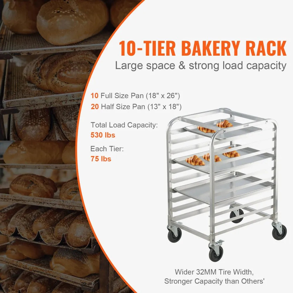 VEVOR Bun Pan Rack, 10-Tier Commercial Bakery Racks with Brake Wheels, Aluminum Racking Trolley Storage for Half & Full Sheet, Speed Rack For Kitchen Home, Bread Baking Equipment, 26\"L x 20.3\"W x 39\"H